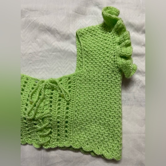 Crocheted Woolen Crop Top (Choli Type) For Woman - Size 38, Apple Green - Picture 9 of 10